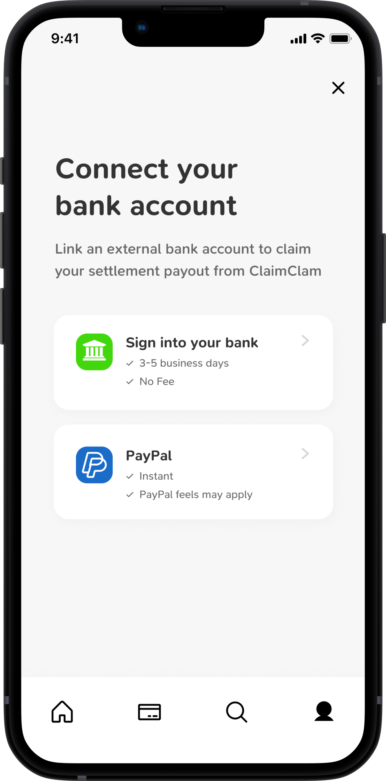 Claims App Connect Bank account
